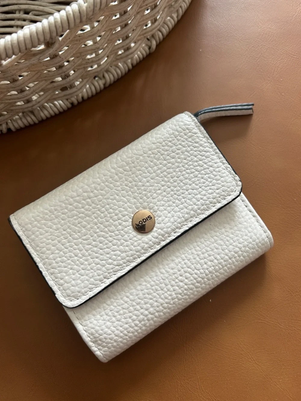 Lodis Cream Pebbled Leather Tri-Fold Wallet